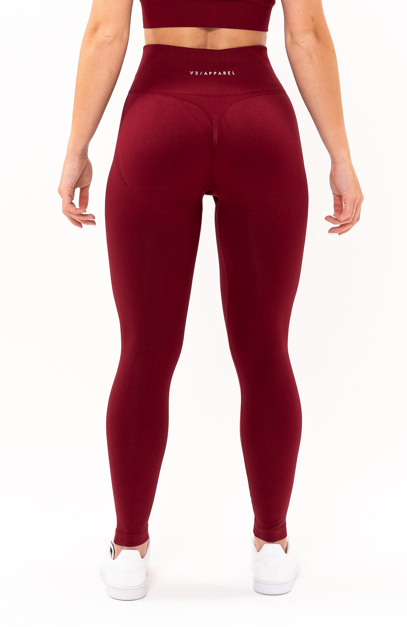 V3 Apparel Women's Tempo seamless scrunch bum shaping high waisted leggings in burgundy red – Squat proof sports tights for Gym workouts training, Running, yoga, bodybuilding and bikini fitness.